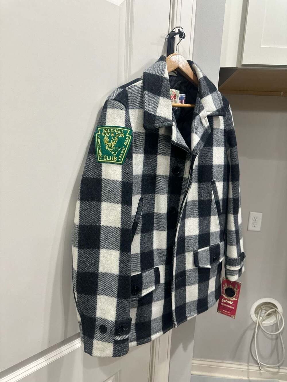 Vtg Schott NYC 737US White/Black Buffalo Plaid Wool Car Coat with Patch - Picture 5 of 6